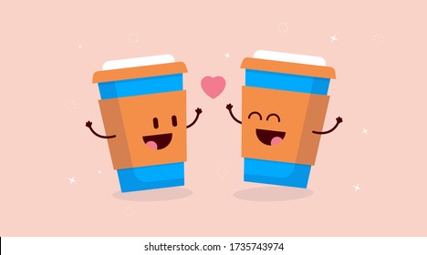 Coffee love - Two happy cute takeaway coffee cups friends cheering with a heart between them. Good morning and great start concept. Vector illustration.