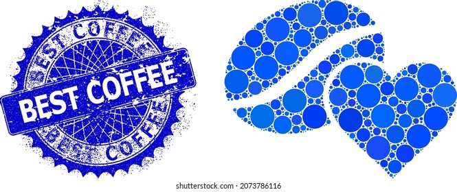 Coffee love vector composition of circle dots in different sizes and blue color shades, and textured Best Coffee stamp seal. Blue round sharp rosette stamp seal has Best Coffee text inside.