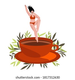 El concepto de adicto al café. Jovencita feliz adicta a la cafeína. Mujer saltando a una gran taza de café o cacao. Copa de café por la mañana. Ilustración vectorial plana dibujada a mano con fondo floral.