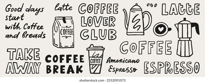 Elementos gráficos de doodle de club de amantes del café. Conjunto de Vector dibujado a mano. Elementos de Vector de diseño de menú de cafetería. Citas de letras de café.