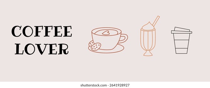 Coffee lover concept design banner. Card, poster, background, story and post template. Cafe and coffeeshop design. Concept doodle illustrations of coffee beans. Modern minimalist hand drawn art 