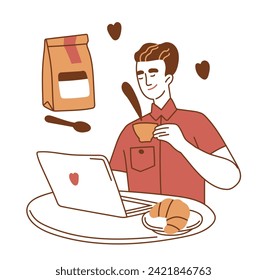 Coffee-Lover-Doodle-Konzept. Aroma und Getränke. Hot Drink, americano und Cappuccino. Mann mit Laptop und Latte. Aufkleber für soziale Medien. Einfache flache Vektorgrafik einzeln auf weißem Hintergrund