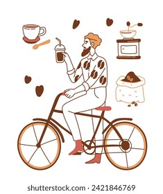 Concepto de doodle de amante del café. Aroma y bebida. Bebida caliente, americano y capuchino. Hombre en bicicleta con leche. Plantilla y diseño. Ilustración vectorial plana simple aislada en fondo blanco