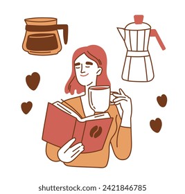 Concepto de doodle de amante del café. Aroma y bebida. Bebida caliente, americano y capuchino. Mujer con libro y leche. Afiche o pancarta. Ilustración vectorial plana simple aislada en fondo blanco