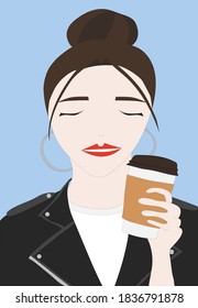 Coffee lover drinking her first cup in the morning. Drinking coffee vector illustration.