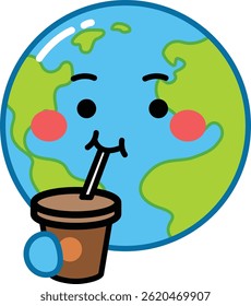 Coffee Lover Earth Cartoon Character – Morning Drink Planet Vector Illustration