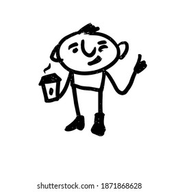 Coffee lover. A hand-drawn cartoon character. Vector black and white illustration