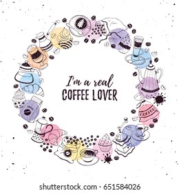 Coffee lover poster concept. Coffee party greeting card design. Hand drawn line art illustration with teapots, cups and sweets in circle frame.