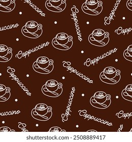 Coffee Lover Seamless Cappuccino Mug Pattern Art. Ideal for product packaging, kitchen decor, fabric prints, and more, this pattern adds a touch of warmth and sophistication to any project.