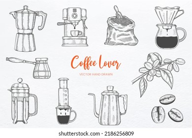 coffee lover set collection with hand drawn sketch vector