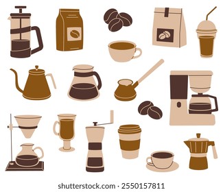 Conjunto de amante del café. Colección de Clipart planos simples con artículos para hacer café