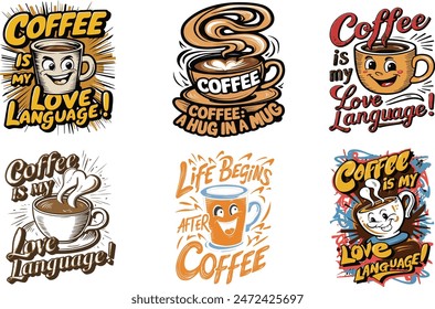 coffee lover T shirt bundle  Template with a Cute Kawaii Cup Cartoon Character, Vector Illustration for Print on Demand Tee, Kawaii Apparel, Clothing, Screen Print