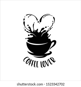 Coffee lover t-shirt design. Hand drawn print with coffee cup and splash in a form of heart. Creative design element for prints posters advertising. Vector vintage illustration.