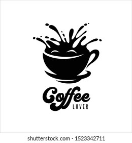 Coffee lover t-shirt design. Hand drawn print with coffee cup and splash in a form of smile. Creative design element for prints posters advertising. Vector vintage illustration.