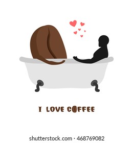 coffee lovers. beans and person in bath. Joint bathing. Romantic illustration food
