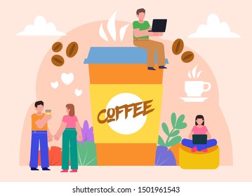 Coffee lovers concept. Group of people stand near big coffee cup, drink and enjoy. Poster for social media, web page, banner, presentation. Flat design vector illustration