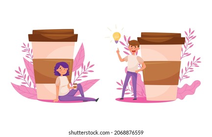 Coffee lovers concept. Tiny people with huge disposal coffee mugs cartoon vector illustration