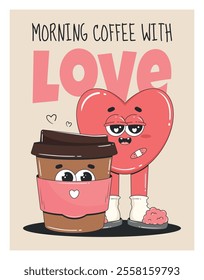 Coffee lovers day poster with cute cartoon heart and coffee cup. Groovy characters. Vector illustration for card, poster, banner, brochure, cover, cafe menu. Retro drink vector illustration.