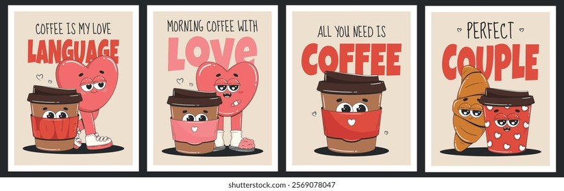 Coffee lovers day poster set with cartoon groovy characters. Heart, coffee cup, croissant. Vector illustrations for card, poster, banner, brochure, cover, cafe menu. Retro drink vector illustration.