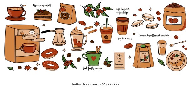 Coffee lover's delight: espresso, cappuccino, and beans for kitchen decor.