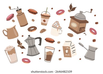 Coffee lovers delight: vintage coffee grinders and sweet treats for cozy mornings or cafe decor.