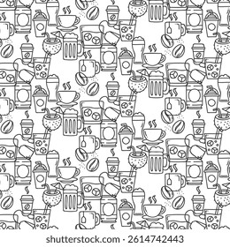  Coffee Lovers Doodle Pattern Seamless Monochrome Design