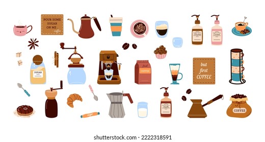 Coffee lovers element set. Coffee brewing tools, machine, bag, glass, grinder, cup, kettle, milk pitcher, beans, bakery. Collection fo cafe menu, coffee shop. Flat vector illustration