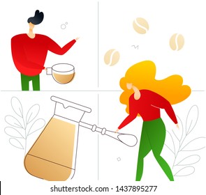 Coffee lovers - flat design style colorful illustration on white background. An unusual composition with cute characters, a boy with a cup, a girl, female barista holding a cezve. Cafe concept