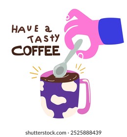 Coffee lovers flat vector illustration. Retro posters for the kitchen and coffee shop. Cartoon pink hand stirs coffee in a cute mug with a spoon. Logo, icon, coffee shop, menu design templates