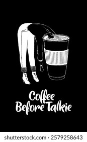 Coffee Lovers funny hand-drawn illustration and lettering quotes, white on the black background for printing, wall decor, cafe chalkboard, vector illustration