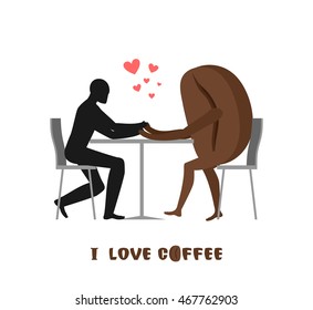 coffee lovers. Lover in cafe. Man and coffee beans sitting at table. Food in restaurant. Romantic date in public place. Romantic illustration food