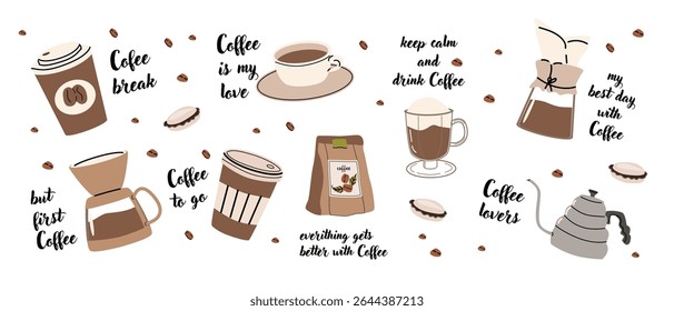 Coffee lover's paradise: Various coffee drinks and items with quotes coffee breack, coffee to go. 