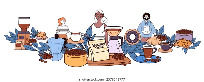 Coffee lovers specialty coffee scene with diverse people coffee beans brewing equipment pastries and leaves colorful modern design perfect for website banner