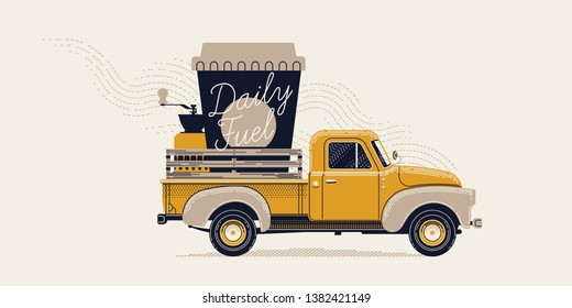 Coffee lovers themed art. Elegant retro styled figurative vector illustration of old truck carrying giant take away paper coffee cup with handwritten lettering and coffee grinder