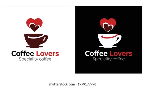 Coffee Lovers vector logo, coffee cup with a heart shape of red and brown color, logo in two times with white and black background.