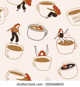 Coffee lovers. Vector seamless pattern in hand-drawn style. Stylish and trendy coffee time repeat background for fabric design. Coffee texture.