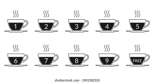 Coffee loyalty card concept with coffee cup icons. Buy 9 cups and get 1 for free. Cafe beverage promotion design template. Vector illustration.