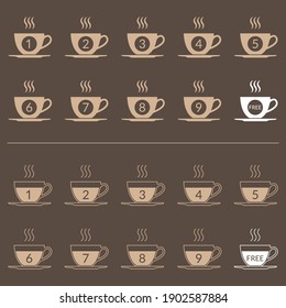 Coffee loyalty card concept with coffee cup icons. Buy 9 cups and get 1 for free. Cafe beverage promotion design template. Vector illustration.