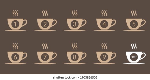 Coffee loyalty card concept with coffee cup icons. Buy 9 cups and get 1 for free. Cafe beverage promotion design template. Vector illustration.