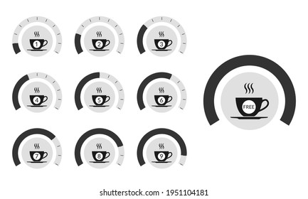 Coffee loyalty card concept with coffee cup icons. Buy 9 cups and get 1 for free. Cafe beverage promotion design template. Vector illustration.
