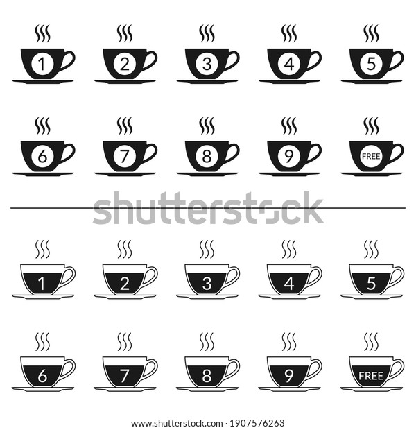 Coffee loyalty card concept with coffee cup\
icons. Buy 9 cups and get 1 for free. Cafe beverage promotion\
design template. Vector\
illustration.