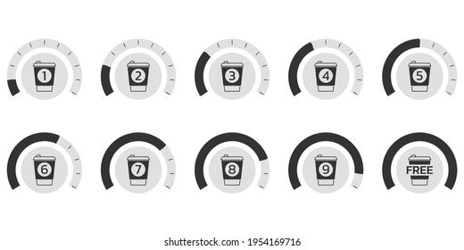 Coffee loyalty card concept with take away coffee cup icons. Buy 9 cups and get 1 for free. Cafe beverage promotion design template. Vector illustration.