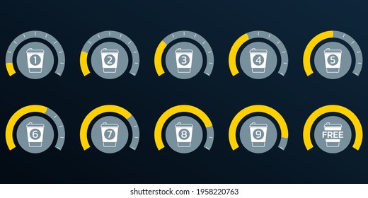 Coffee loyalty card concept with take away coffee cup icons. Buy 9 cups and get 1 for free. Cafe beverage promotion design template. Vector illustration.