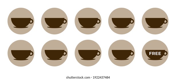 Coffee loyalty card template. Buy 9 cups and get 1 for free. Take away coffee cups icons for cafe. Isolated on white background