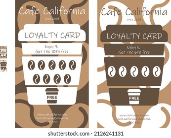 Coffee loyalty card template to print with coffe cup, beens  silhouette. Vector illustration business card template. Buy 9 get the 10th free. Enjoy 5, get the 6th free.