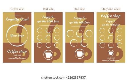 Coffee loyalty card template to print with cup and coffee machine   silhouette. Vector illustration business card template. Buy 9 get the 10th free. Enjoy 5, get the 6th free.