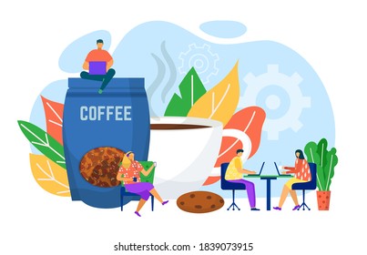 Coffee lunch for people character in cafe background, restaurant breakfast vector illustration. Man woman person drinking coffee with food concept. Cartoon cappuccino drink at table.