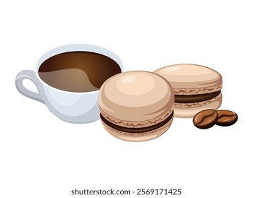 Coffee macarons and cup of coffee vector illustration. Brown french macaroons icon vector isolated on a white background. Brown macarons and coffee cup drawing