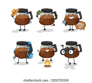 coffee machine adventure group character. cartoon mascot vector