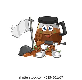 coffee machine army character. cartoon mascot vector